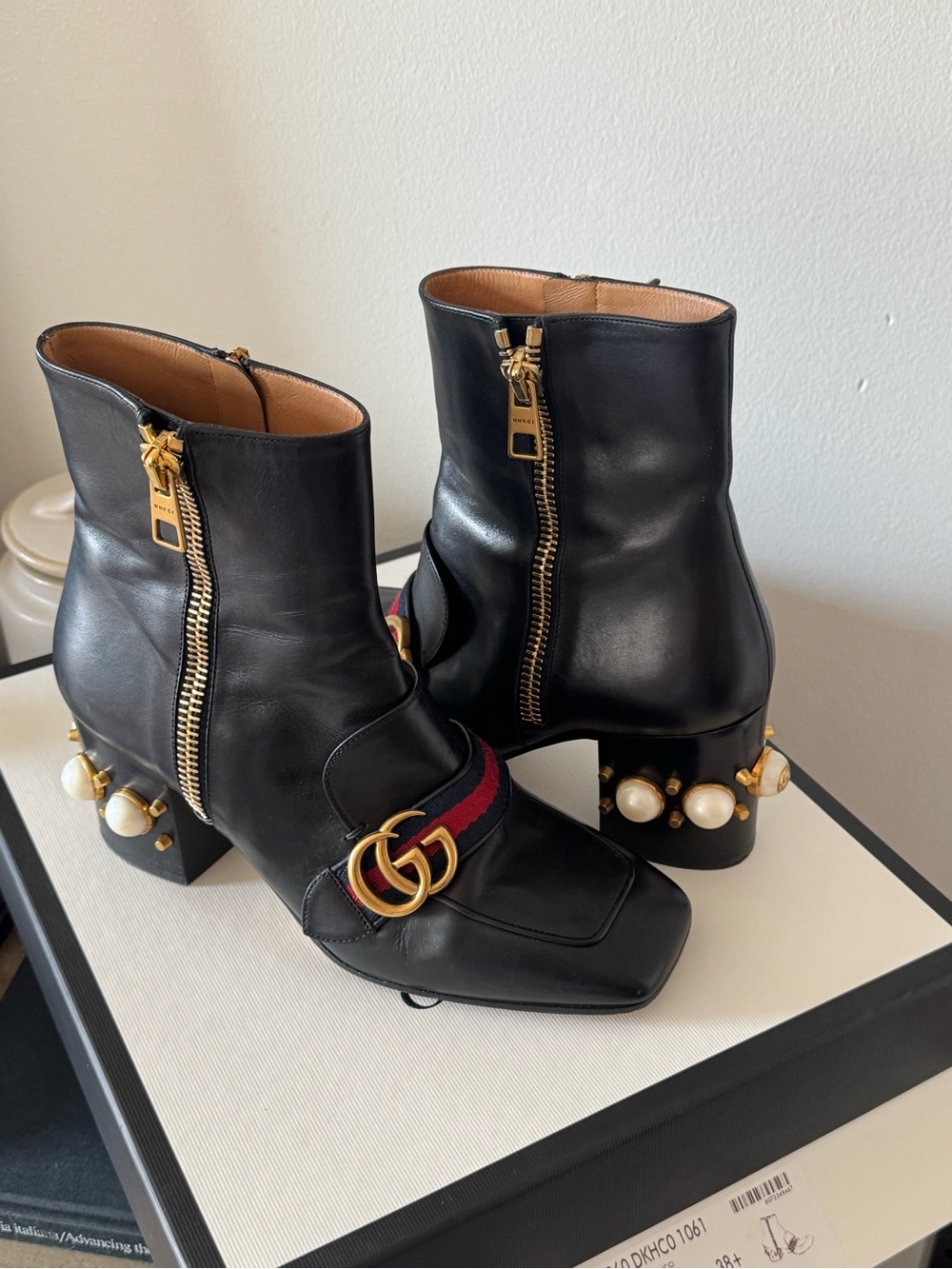 Gucci Black Leather Ankle Boots with Gold GG and Pearl Heel Accents - Picture 3 of 14